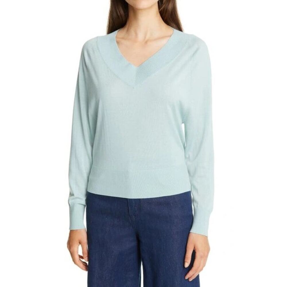 Theory Women's Deep V Neck Rib Wool Sweater Stretch Long Sleeve Mint Size M